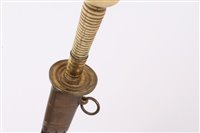 Lot 818 - Georgian Naval Midshipman’s Dirk, with brass disc cross guard, tapered ribbed Ivory hilt, with brass lions head pommel and tapered steel blade, in black leather scabbard with brass mounts