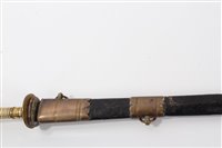 Lot 818 - Georgian Naval Midshipman’s Dirk, with brass disc cross guard, tapered ribbed Ivory hilt, with brass lions head pommel and tapered steel blade, in black leather scabbard with brass mounts