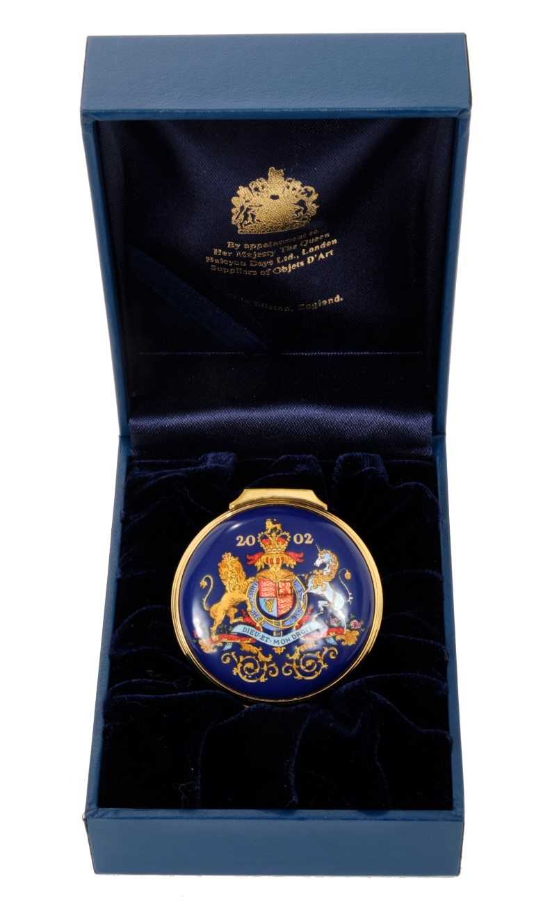 Lot 68 - HM Queen Elizabeth II - The Golden Jubilee Christmas 2002 presentation Halcyon Days enamel box