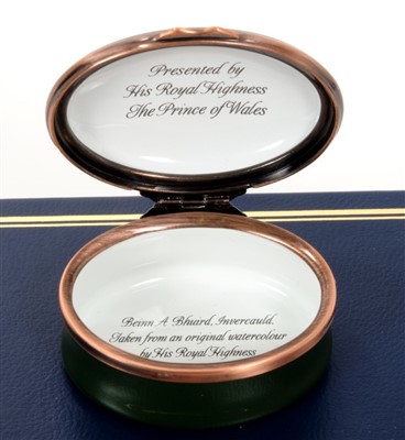 Lot 70 - HRH Prince Charles Prince of Wales – presentation Halcyon Days enamel box of oval form