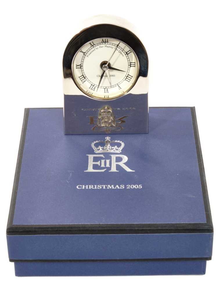Lot 71 - HM Queen Elizabeth II – Royal Christmas gift 2005 – silver plated alarm carriage clock