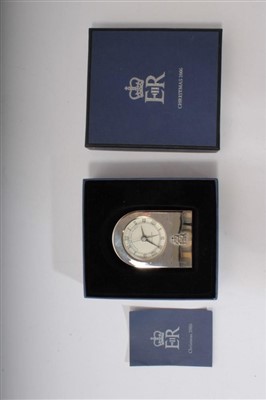 Lot 71 - HM Queen Elizabeth II – Royal Christmas gift 2005 – silver plated alarm carriage clock