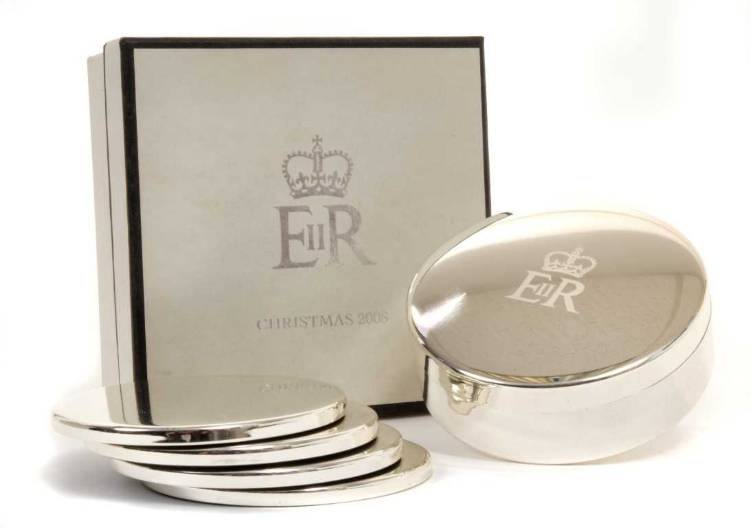 Lot 72 - HM Queen Elizabeth II, Royal Christmas gift 2008, set of six silver plated table coasters