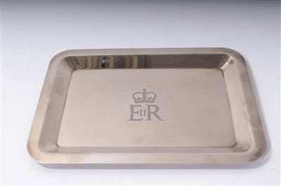 Lot 75 - HM Queen Elizabeth II, Christmas gift, decanter, stopper with silver plate collar; tray; cake tin