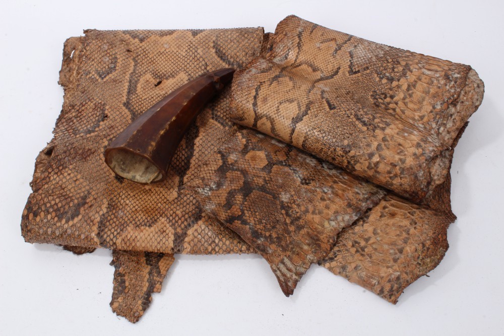 Python Horns Lot 797 - Antique worked horn vessel, two Python skins