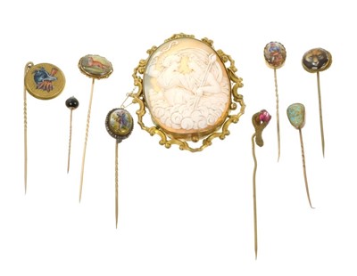 Lot 692 - Antique stick pin - a running fox, another fox's head, another Lurcher, five others and cameo brooch