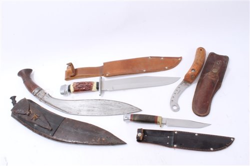 Lot 831 - Collection of knives, bayonets and sundry weapons - including Bowie knives, Jambias, etc