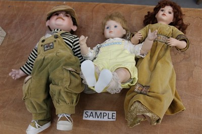 Lot 2830 - Dolls – selection including two new born babies, London Elite Collection Jack, two high chairs, cot, plus swing, two baby dolls (no box) and two unnamed (qty)