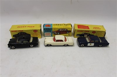 Lot 2839 - Diecast Dinky Mercedes-Benz 220 SE Coupe, white no. 230, RCMP Patrol Car, blue no. 264, Police Patrol Car, black no. 256, all boxed (3)