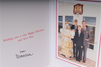 Lot 82 - HRH Prince Charles Prince of Wales – five signed Christmas cards 1992 – 1996, with gilt embossed Prince of Wales crowned ciphers