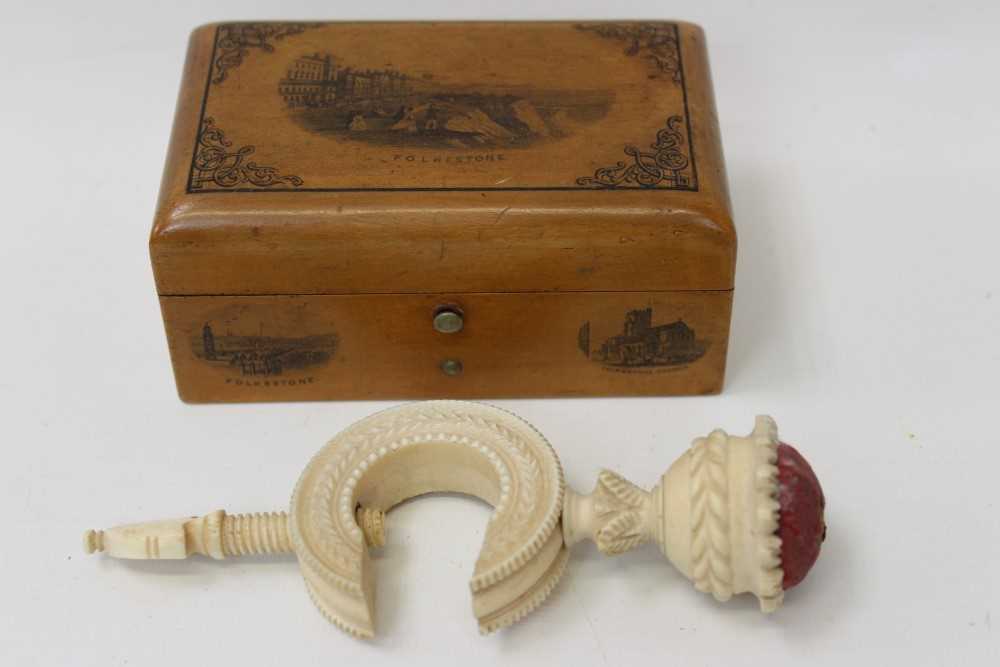 Lot 3088 - Early Victorian ivory pin cushion/needlework clamp and a Mauchline ware Folkestone box (2)