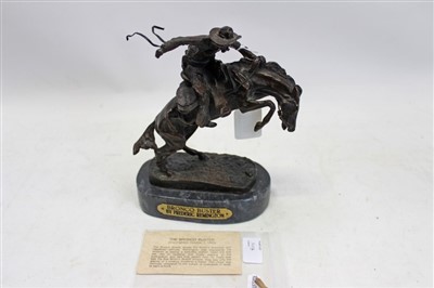 Lot 3603 - After Frederick Sackrider Remington - bronze ‘Bronco Buster, on marble plinth