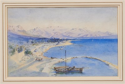 Lot 1139 - Circle of Edward Lear (1812-1888) mid-nineteenth century watercolour - view of a Spalatro bay on the Dalmatian Coast, dated 1853, inscribed and indistinctly signed, in glazed gilt frame, 26cm x 41cm