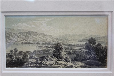 Lot 1132 - Attributed to John Glover monochrome watercolour - Lake Windermere, titled and and dated ‘16, in glazed frame