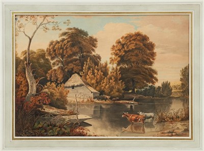 Lot 1133 - Attributed to John Glover watercolour - cattle watering before a punt with a barn beyond, in glazed gilt frame