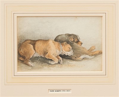 Lot 1134 - Samuel Alken pencil and watercolour - Bulldog and Blue Healer