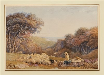 Lot 1135 - George Barrett Jnr (1767-1842) watercolour - shepherd and his flock on a hillside, signed and dated 1838, in glazed gilt frame