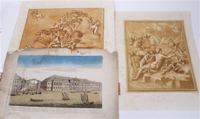 Lot 1138 - Guilio Romano (c.1499-1546) sepia engraving - Classical Figures, together with another similar and an 18th century handcoloured engraving - The Winter Palace