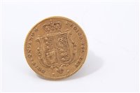 Lot 198 - G.B. gold Half Sovereign Victoria Y.H. 1855 shield back (slight bend to flan), otherwise AF (1 coin)