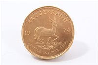 Lot 206 - South Africa – gold Krugerrand 1974 (1oz fine gold).  AU (1 coin)