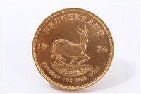 Lot 208 - South Africa – gold Krugerrand 1974 (1oz fine gold).  UNC (1 coin)