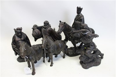 Lot 3582 - Group of Chinese metal figures – including Monkey King, Pigsy and others, together with two carved horses (6)