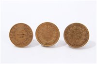 Lot 225 - France – gold Napoleon III 20 Franc coins – to include 1853A, 1854A and 1855A.  F – GVF (3 coins)