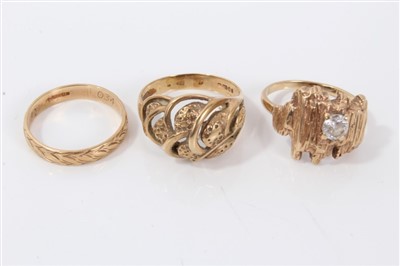 Lot 3253 - 9ct gold dress ring with a synthetic white stone, 9ct gold dress ring and a 9ct gold wedding ring (3)