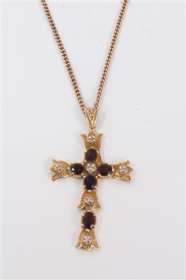 Lot 3254 - 9ct gold garnet and diamond cross pendant on 9ct gold chain