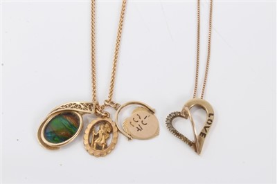 Lot 3255 - 9ct gold ‘love’ heart-shape pendant on chain and a 9ct gold chain suspending an opal doublet pendant, 9ct gold St. Christopher pendant and a 9ct gold ‘I Love You’ pendant