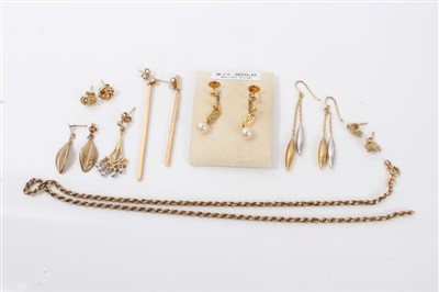 Lot 3256 - Pair of 9ct white and yellow gold earrings,  together with various pairs and odd 9ct gold earrings, and a 9ct gold rope twist chain