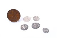 Lot 237 - G.B. mixed coinage – to include hammered silver Long Cross Penny Henry III Nicole on Lvnd (London).  AVF, George III Halfpenny 1799.  EF and four other hammered coins in Poor condition (6 coins)