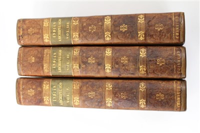 Lot 2445 - Books - John Crawford – History of the Indian Archipelago, first edition, Edinburgh 1820, three volumes, tooled leather and marbled board binding.