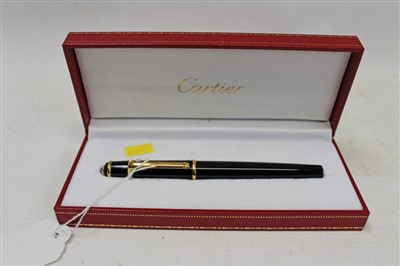 Lot 3585 - Black Cartier fountain pen with inset blue stone and original 18kt gold nib, in original case