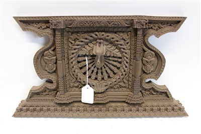 Lot 3594 - Thailand intricately carved wooden ornament depicting a peacock with two flanking figures