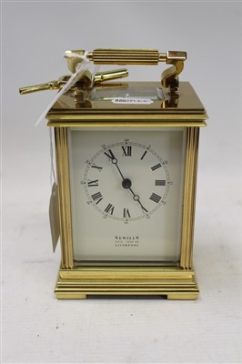 Lot 3596 - Contemporary carriage clock with eight day, eleven jewel Swiss movement with lever escapement, striking on a gong, back plate signed – Sewills Estd. 180 AD Liverpool, in a gilt metal case with reed...