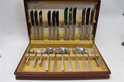 Lot 3597 - Canteen vintage Viners bark-effect studio cutlery for six place settings, designed by Gerald Benney, in original fitted case