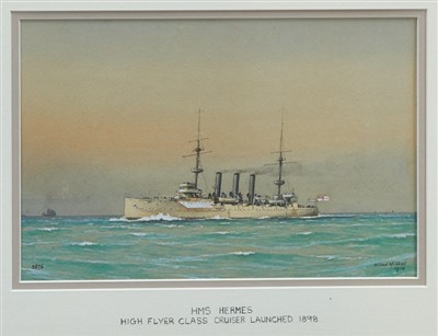 Lot 1215 - William Frederick Mitchell  (1845-1914) watercolour, H.M.S. Hermes