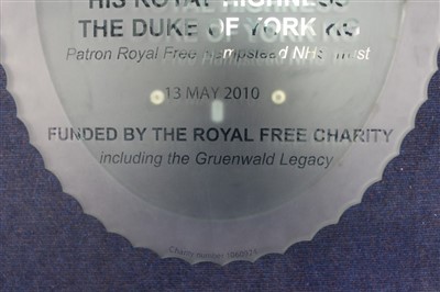 Lot 106 - Etched glass wall plaque – Royal Free Hospital London – Front Entrance Scheme and Garden Cafe Opened by His Royal Highness