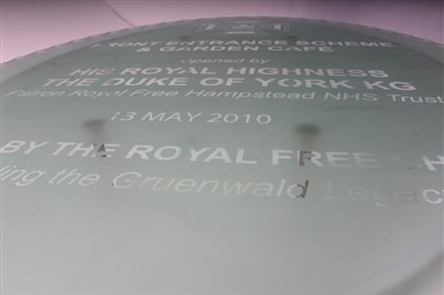 Lot 106 - Etched glass wall plaque – Royal Free Hospital London – Front Entrance Scheme and Garden Cafe Opened by His Royal Highness