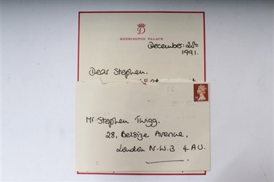 Lot 102 - Diana Princess of Wales – handwritten letter to her life coach Stephen Twigg, written on crowned D Kensington Palace notepaper dated December 20th 1991 –