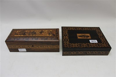 Lot 3613 - 19th century Tunbridgeware writing box with typical decoration and an inlaid butterfly motif on the lid (key present), together with a Tunbridgeware dip pen and rosewood glovebox with floral Tunbri...