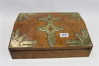 Lot 3616 - Victorian brass mounted burr maple writing box with Gothic-style brass decoration and fitted interior with two inkwells (key present)