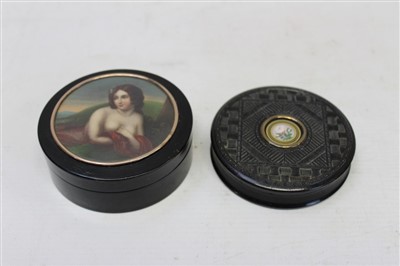 Lot 3626 - 19th century pressed tortoiseshell patch box of circular form, with basketwork decoration, together with another lacquer box, cover inset with picture of a semi-naked female (2)