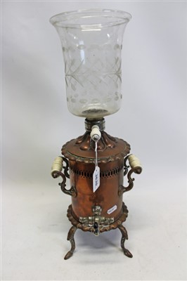 Lot 3630 - Antique copper coffee percolator of cylindrical form, with ceramic handles and plated tap, cut glass coffee reservoir