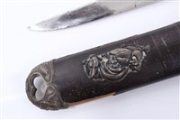 Lot 847 - Japanese Tanto dagger with ribbed wooden hilt, in black lacquer scabbard with white metal mounts, 26.5cm in overall length.