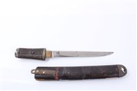 Lot 847 - Japanese Tanto dagger with ribbed wooden hilt, in black lacquer scabbard with white metal mounts, 26.5cm in overall length.