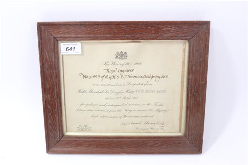 Lot 641 - First World War Mentioned in Despatches (M.I.D.) Citation named to Royal Engineers No. 31227 of W.Q.M.S. E.J.Timmins Estab. for Eng. Serv. dated 9th April 1917, in oak frame measuring approx 32 x 26cm