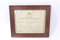 Lot 641 - First World War Mentioned in Despatches (M.I.D.) Citation named to Royal Engineers No. 31227 of W.Q.M.S. E.J.Timmins Estab. for Eng. Serv. dated 9th April 1917, in oak frame measuring approx 32 x 26cm