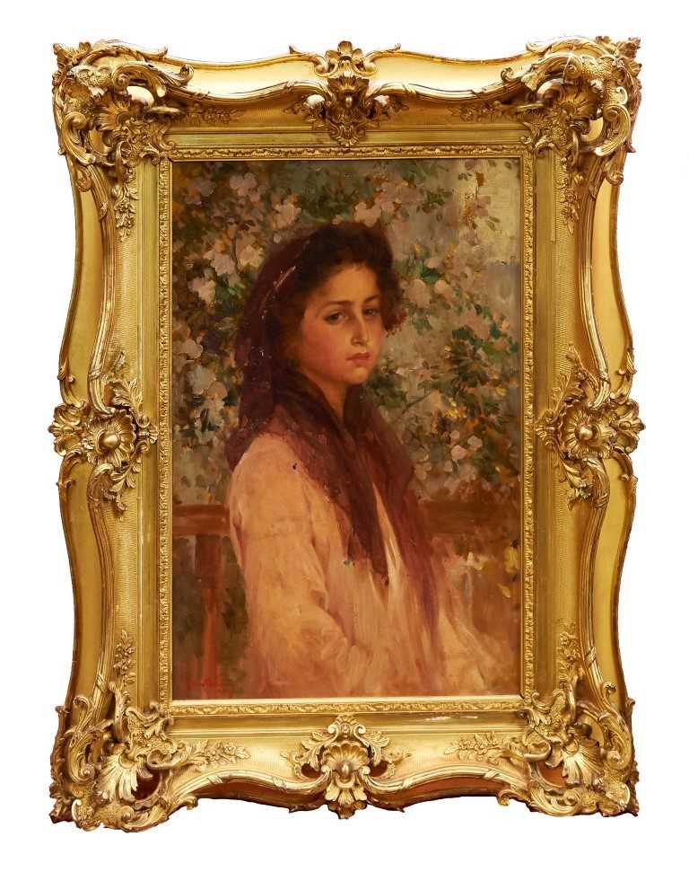 Lot 1175 - Alois Hans Schram (1864-1919) oil on board - portrait if a young lady in a garden, signed and dated 1900, in gilt frame, 52cm x 34cm